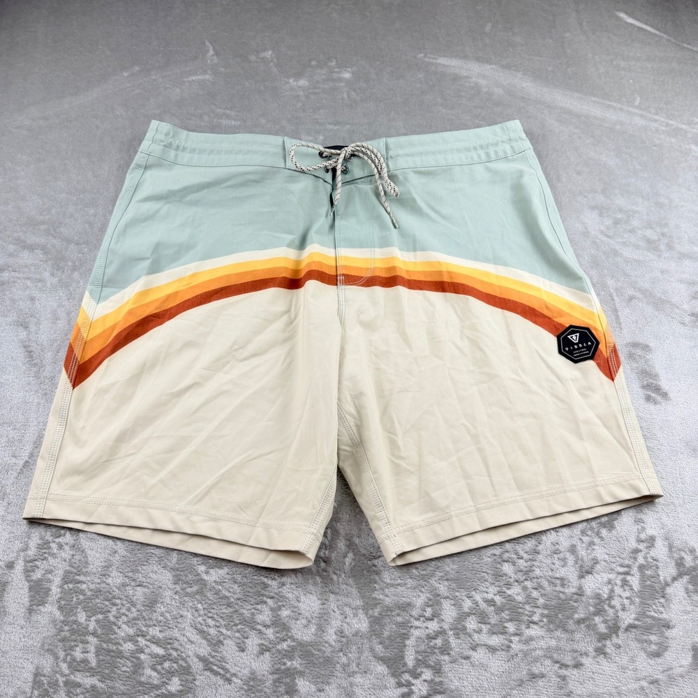 Vissla Men's 38 Board Shorts Green Rainbow Stripe Upcycle Coconut Stretch